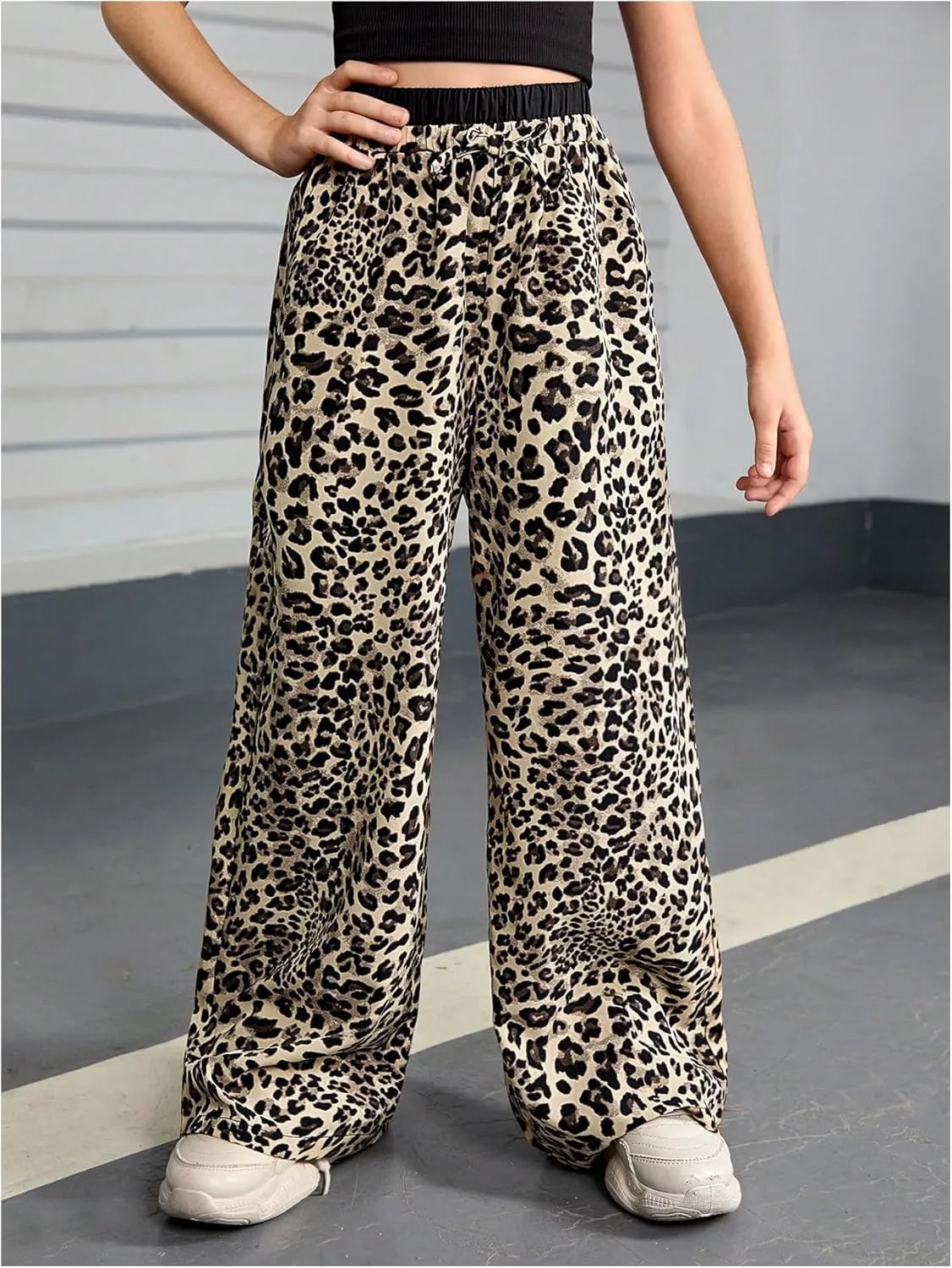 Floerns Girl's Leopard Print Patched Drawstring Waist Wide Leg Y2k Pants