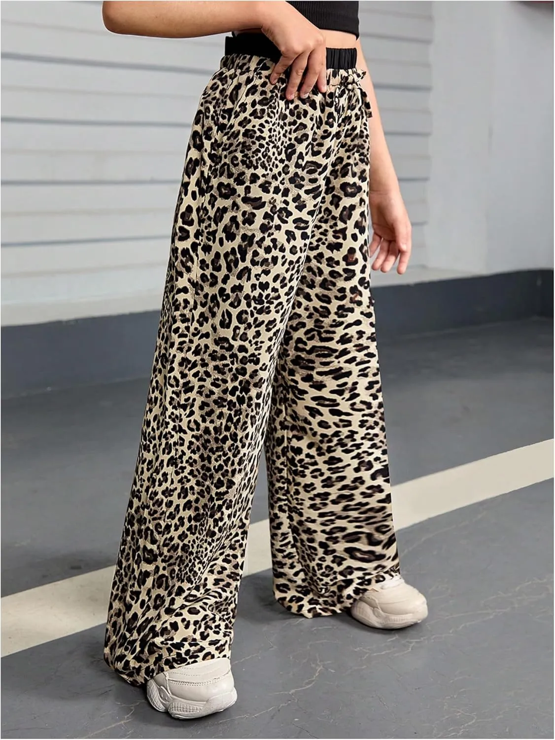 Floerns Girl's Leopard Print Patched Drawstring Waist Wide Leg Y2k Pants