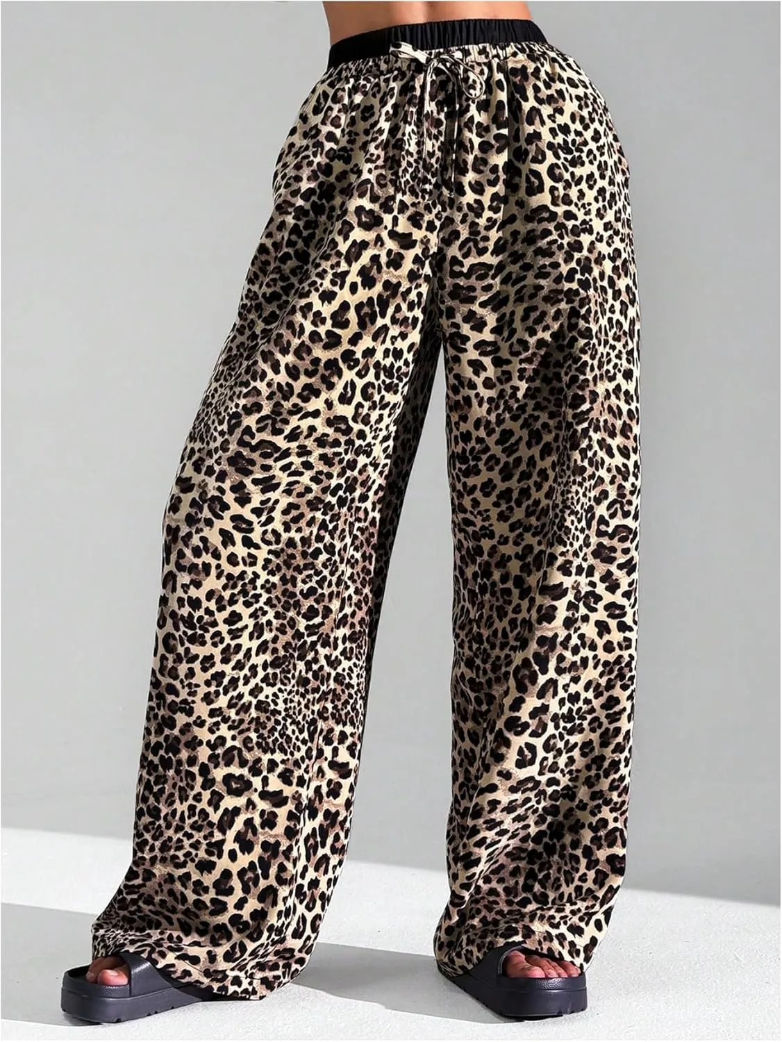 Floerns Girl's Leopard Print Patched Drawstring Waist Wide Leg Y2k Pants
