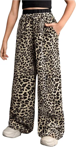 Floerns Girl's Leopard Print Patched Drawstring Waist Wide Leg Y2k Pants
