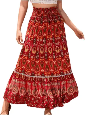 Floral Boho Maxi Skirt for Women Summer Flowy Long Skirt Comfy Pleated Vacation Beach Color Block A-Line Skirts