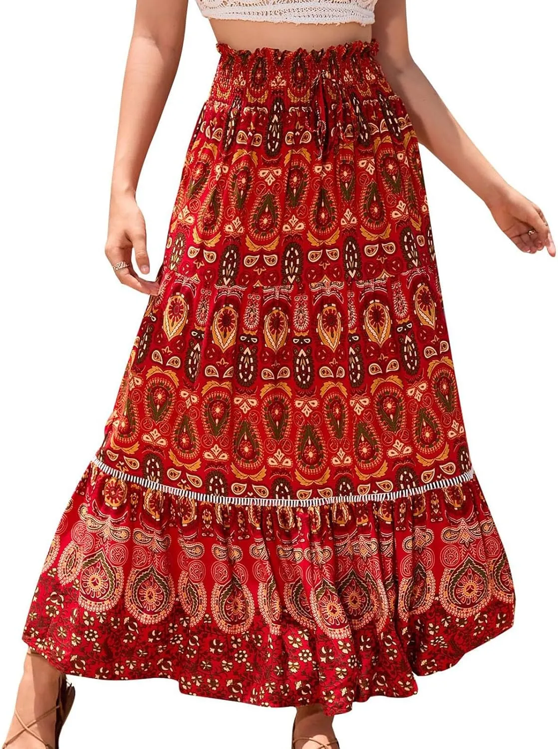 Floral Boho Maxi Skirt for Women Summer Flowy Long Skirt Comfy Pleated Vacation Beach Color Block A-Line Skirts