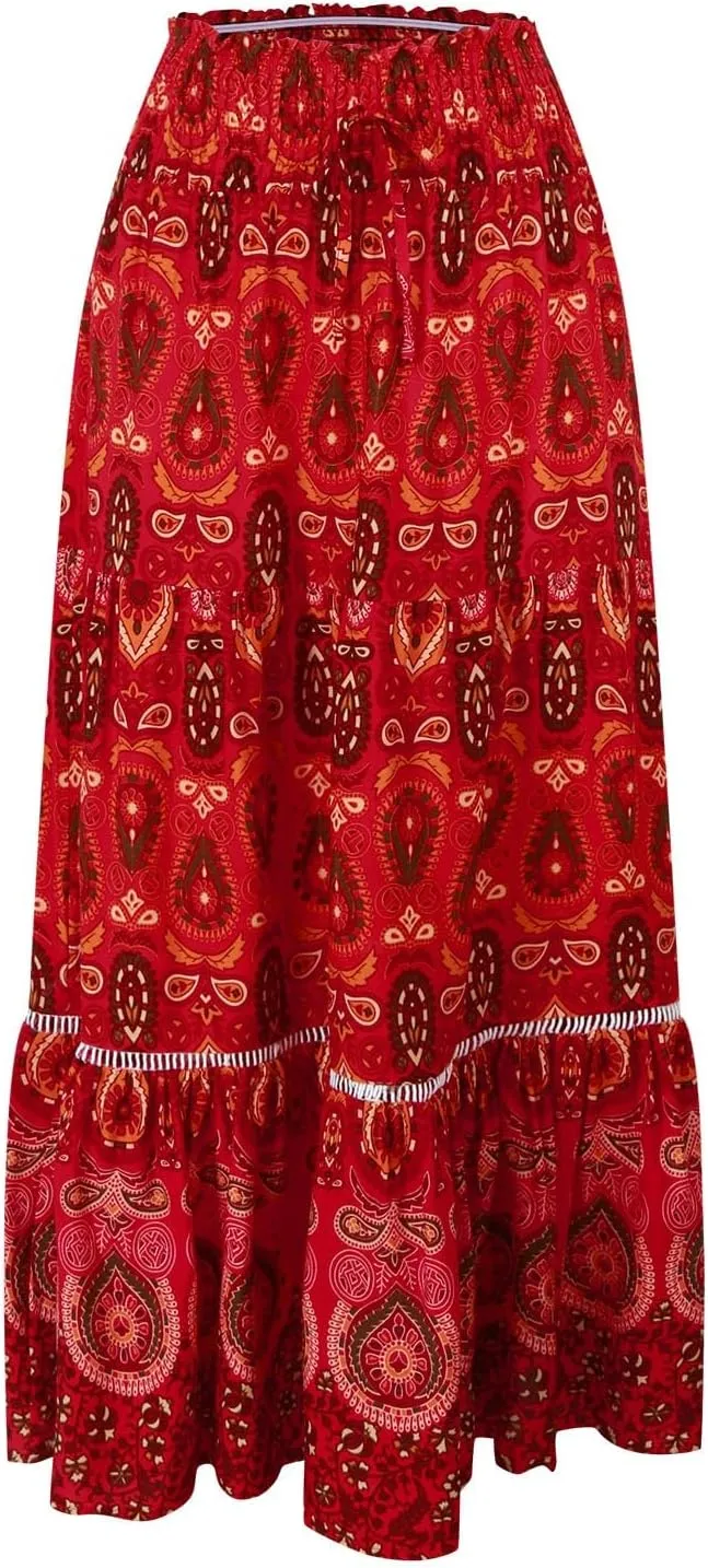Floral Boho Maxi Skirt for Women Summer Flowy Long Skirt Comfy Pleated Vacation Beach Color Block A-Line Skirts