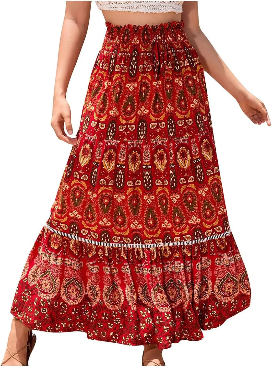 Floral Boho Maxi Skirt for Women Summer Flowy Long Skirt Comfy Pleated Vacation Beach Color Block A-Line Skirts