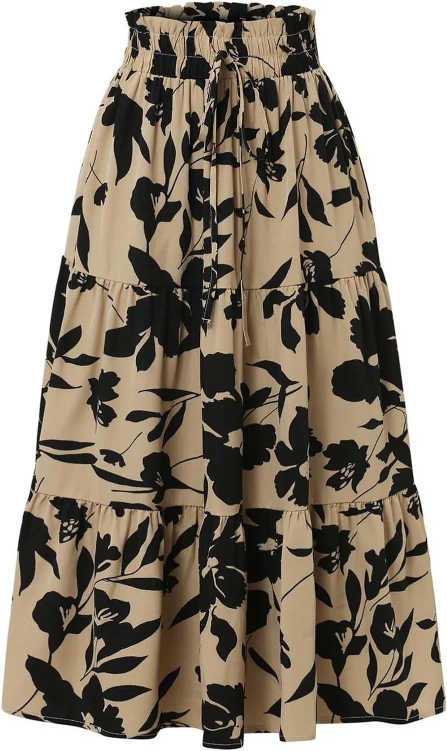 Floral Maxi Skirts for Women Summer Pleated Long Flowy Skirt Casual Elastic Waist Tiered A Line Boho Skirt Vacation