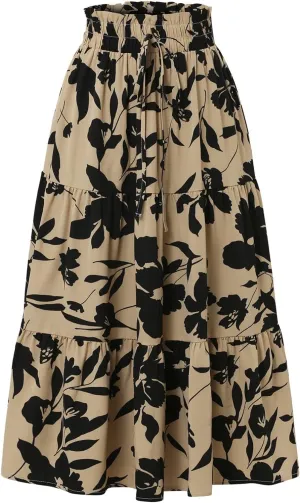 Floral Maxi Skirts for Women Summer Pleated Long Flowy Skirt Casual Elastic Waist Tiered A Line Boho Skirt Vacation
