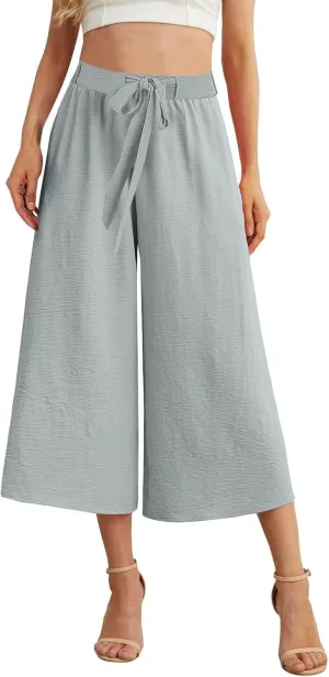 Flowy Linen Cropped Pants Women Beach Wide Leg Tie Knot Palazzo Pants Summer Dressy Business High Waisted 3/4 Trouser