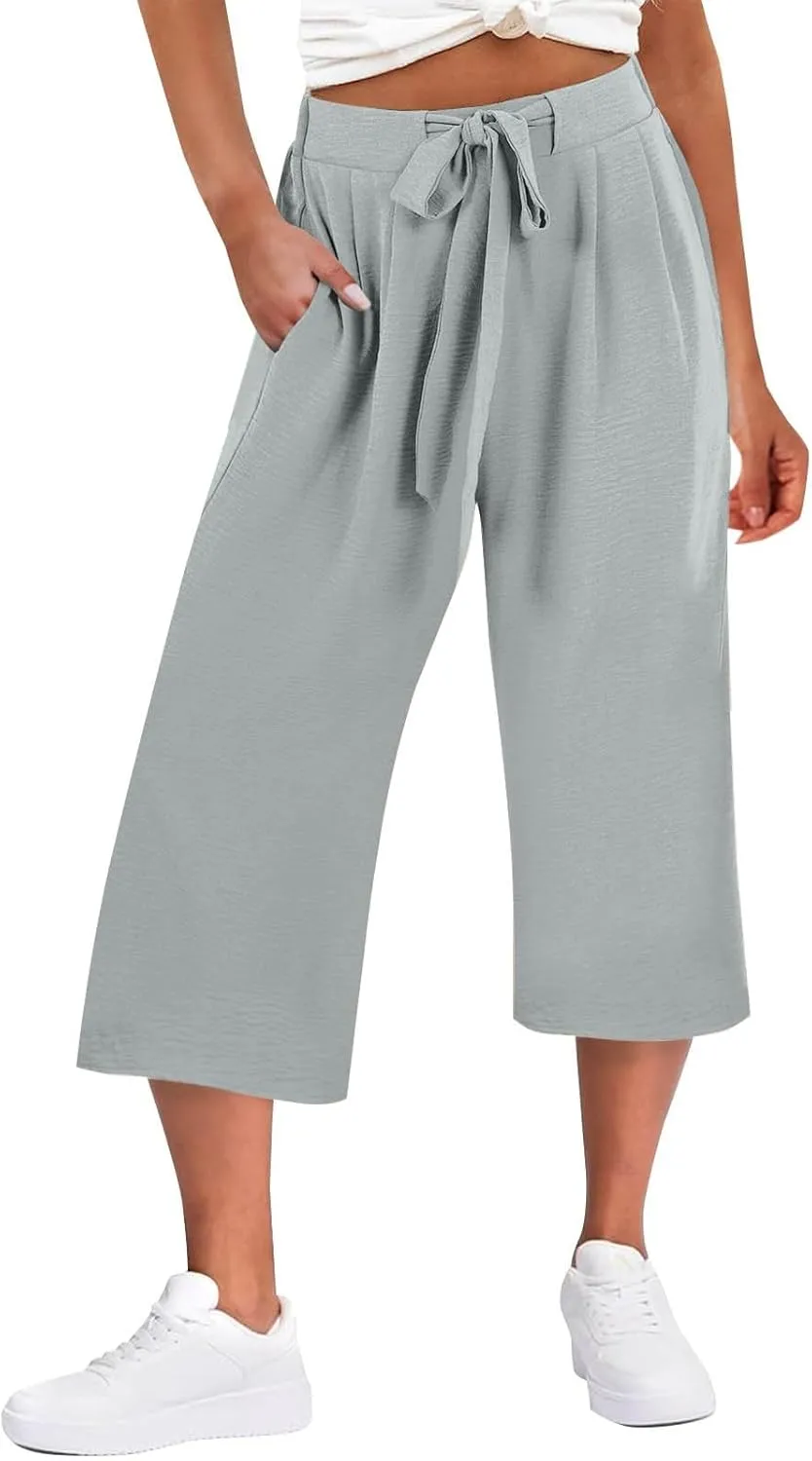 Flowy Linen Cropped Pants Women Beach Wide Leg Tie Knot Palazzo Pants Summer Dressy Business High Waisted 3/4 Trouser