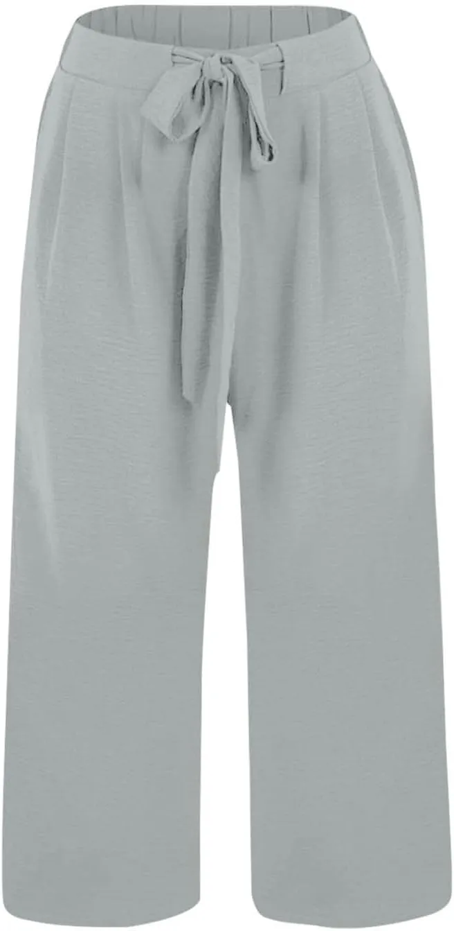 Flowy Linen Cropped Pants Women Beach Wide Leg Tie Knot Palazzo Pants Summer Dressy Business High Waisted 3/4 Trouser