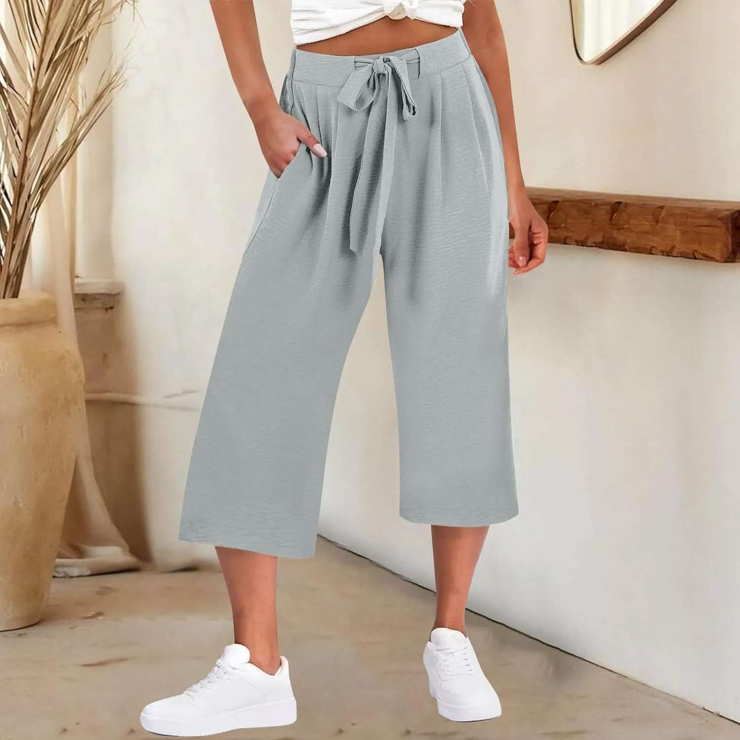 Flowy Linen Cropped Pants Women Beach Wide Leg Tie Knot Palazzo Pants Summer Dressy Business High Waisted 3/4 Trouser