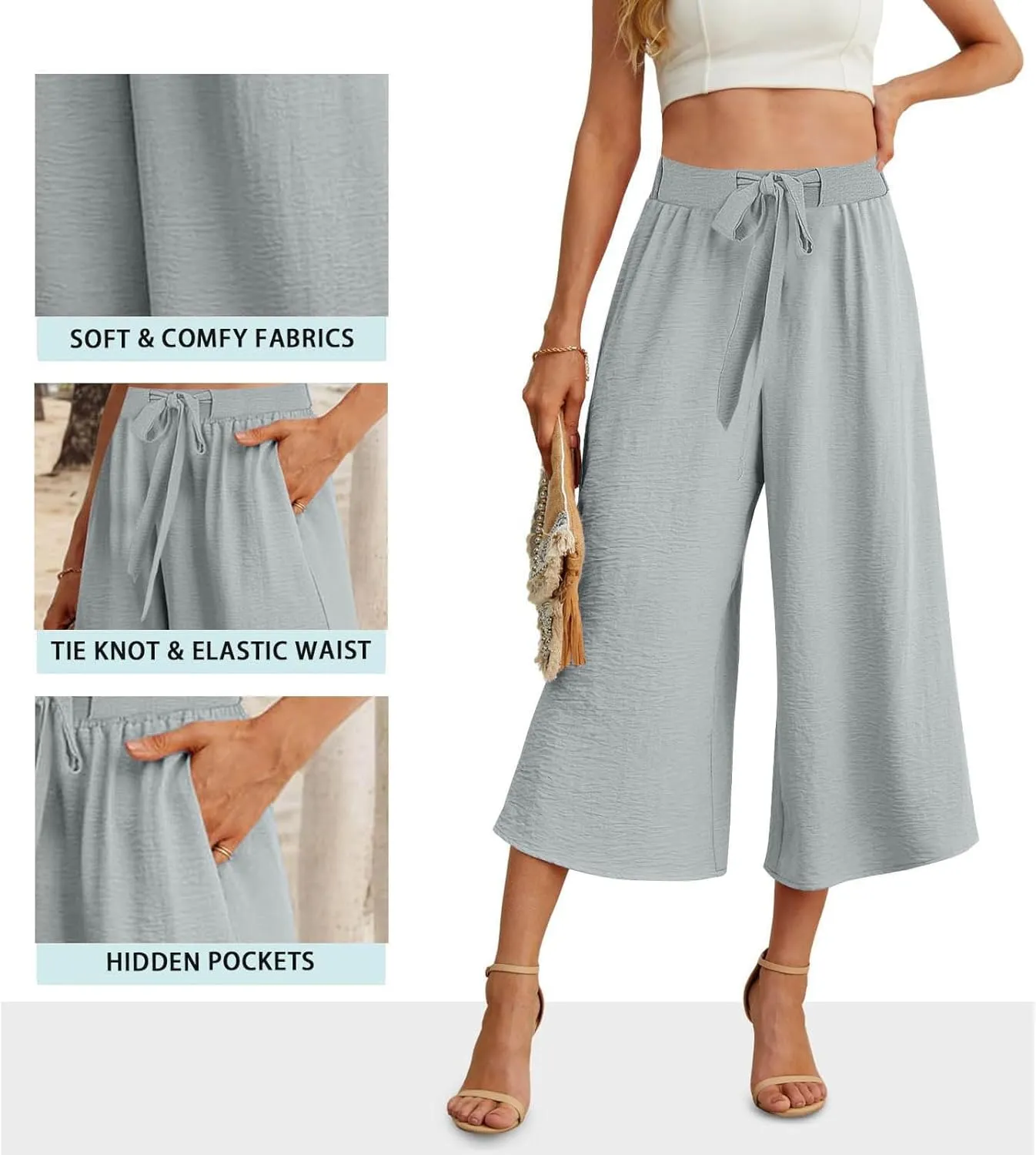 Flowy Linen Cropped Pants Women Beach Wide Leg Tie Knot Palazzo Pants Summer Dressy Business High Waisted 3/4 Trouser
