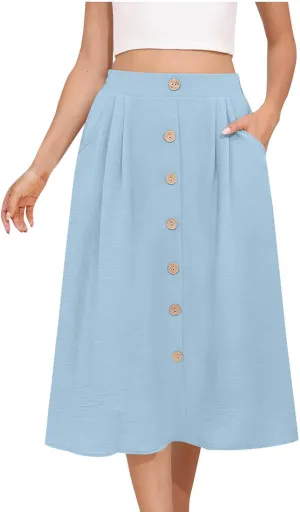 Flowy Midi Skirt for Women Summer Trendy Solid Color High Waist Casual Button Front Skirts with Pockets