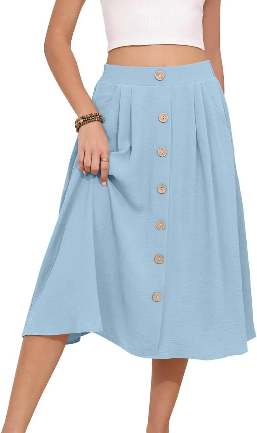 Flowy Midi Skirt for Women Summer Trendy Solid Color High Waist Casual Button Front Skirts with Pockets