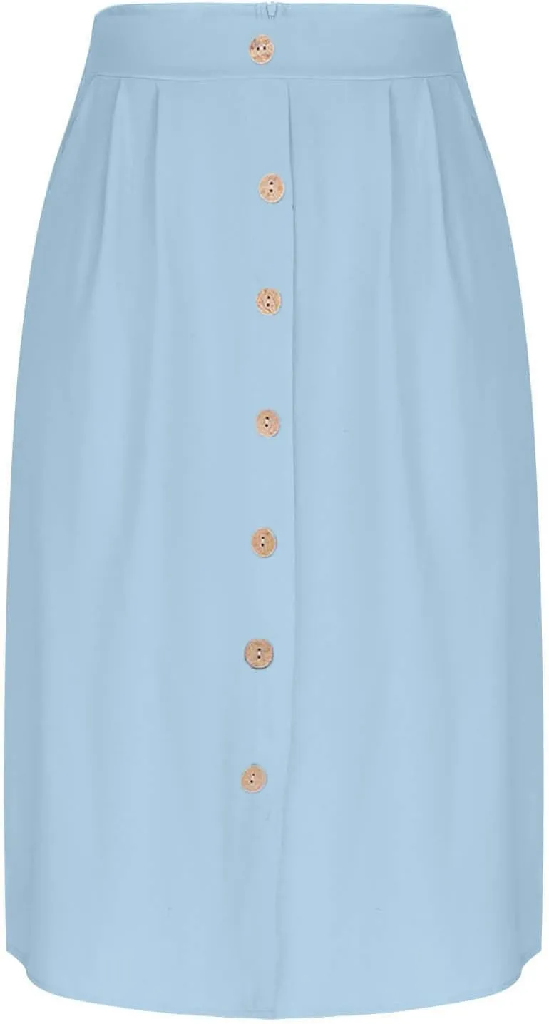 Flowy Midi Skirt for Women Summer Trendy Solid Color High Waist Casual Button Front Skirts with Pockets