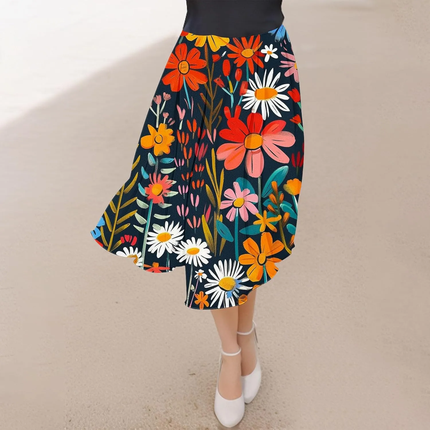 Flowy Skirts for Women Summer Casual Floral Printed Elastic High Waist A-Line Boho Beach Vacation Midi Skirts