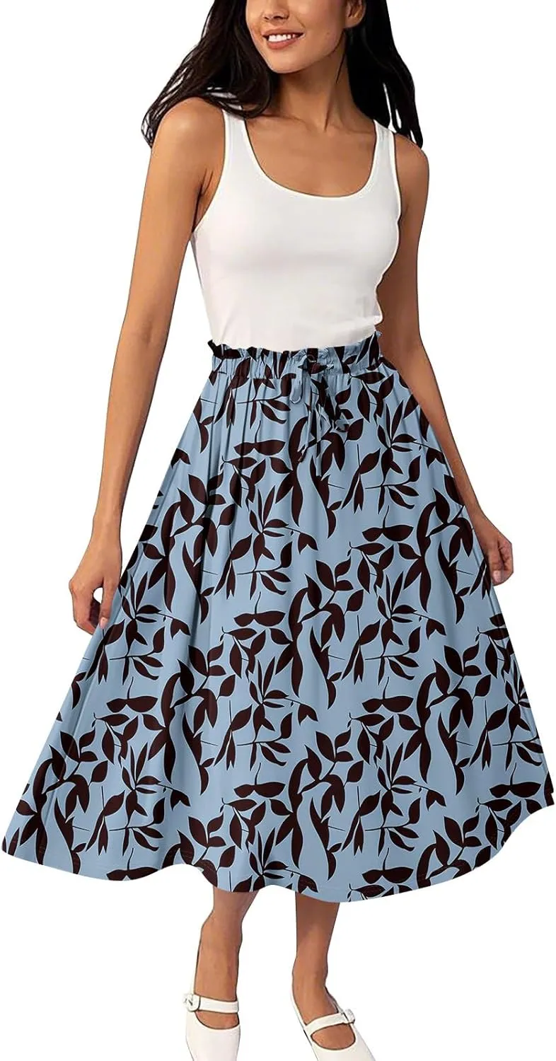 Formal Skirts for Women Summer Drawstring Elastic High Waisted Midi Skirt Boho A Line Pleated Calf Length Skirt