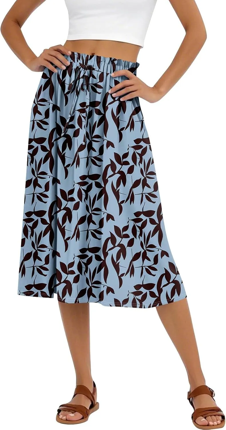 Formal Skirts for Women Summer Drawstring Elastic High Waisted Midi Skirt Boho A Line Pleated Calf Length Skirt