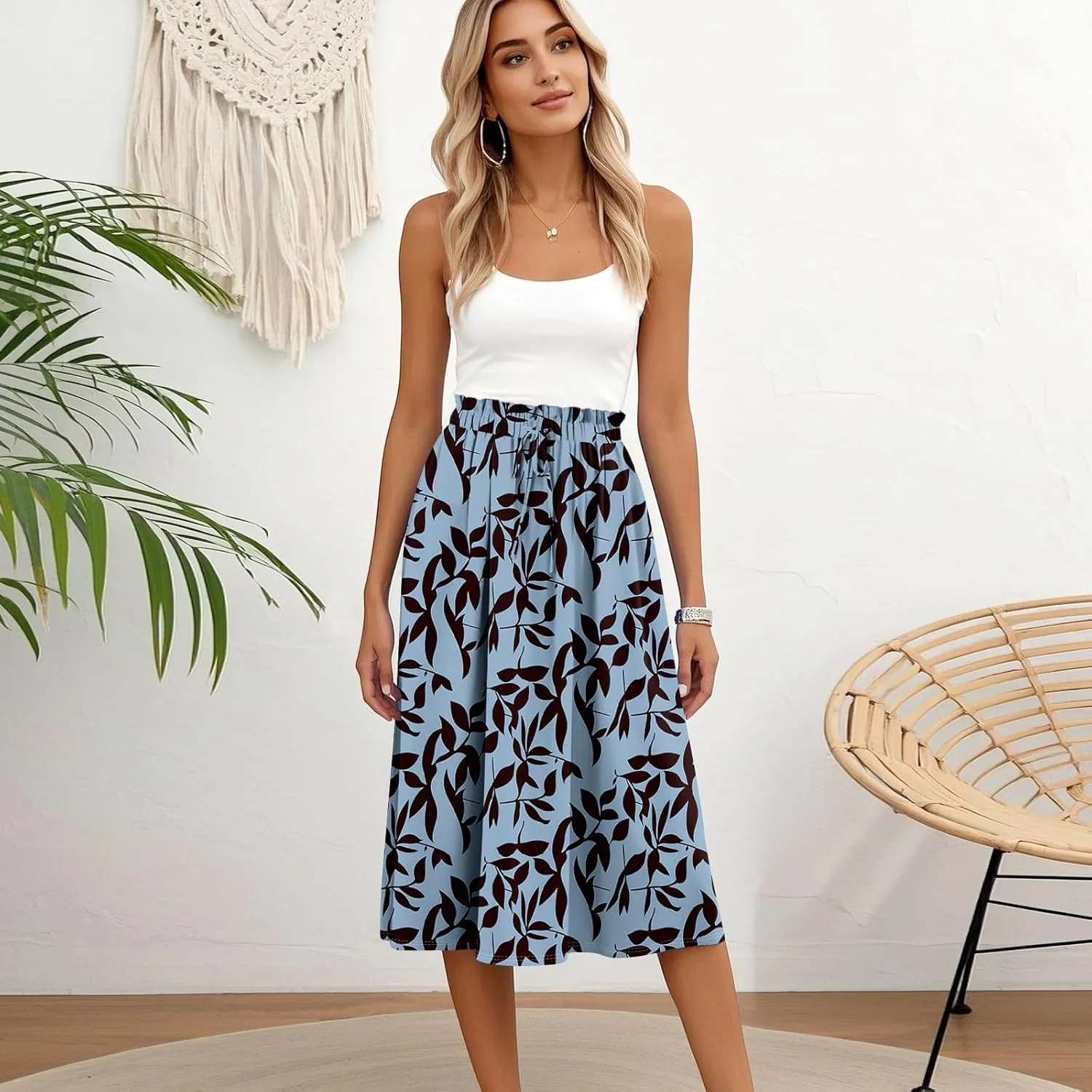 Formal Skirts for Women Summer Drawstring Elastic High Waisted Midi Skirt Boho A Line Pleated Calf Length Skirt