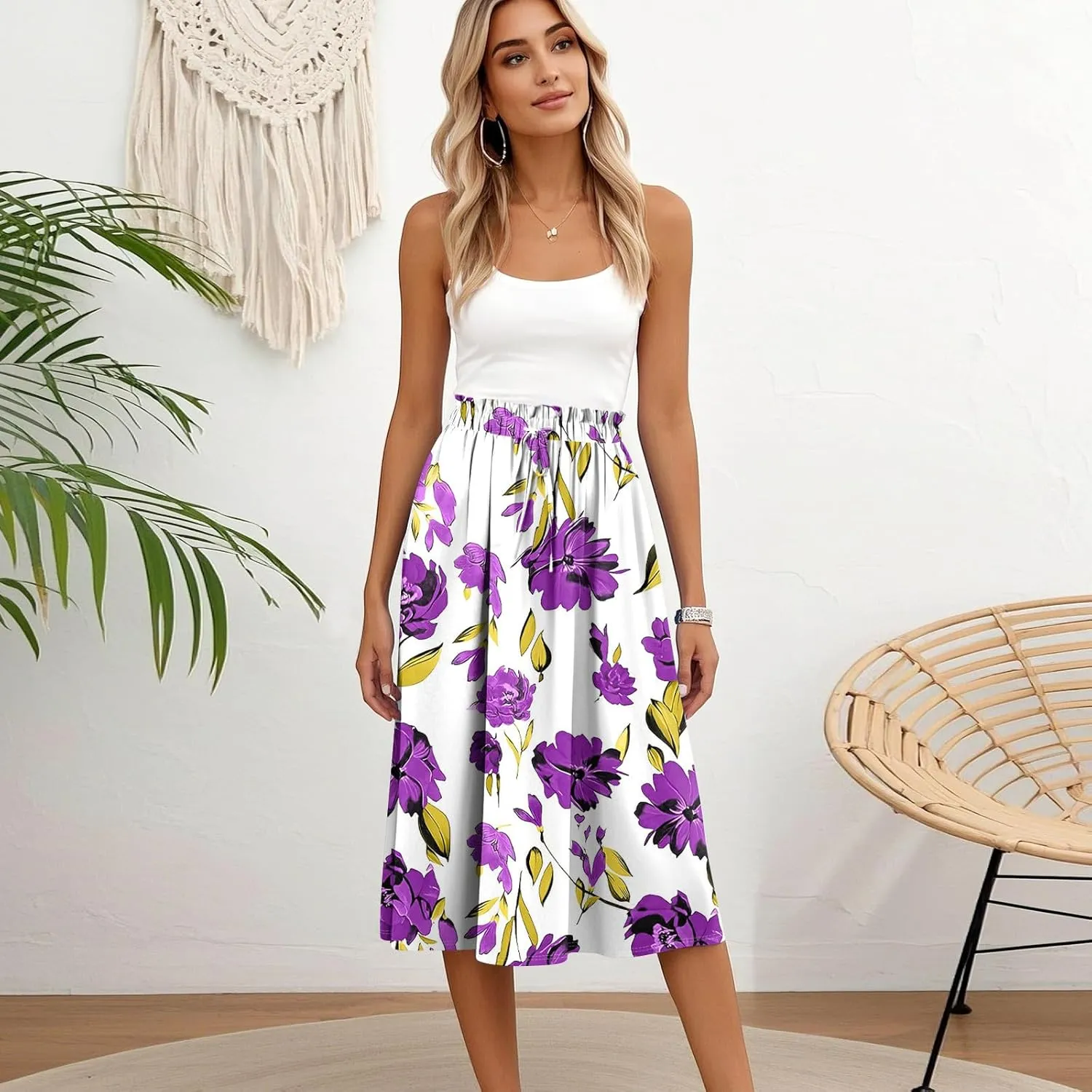 Formal Skirts for Women Summer Drawstring Elastic High Waisted Midi Skirt Boho A Line Pleated Calf Length Skirt