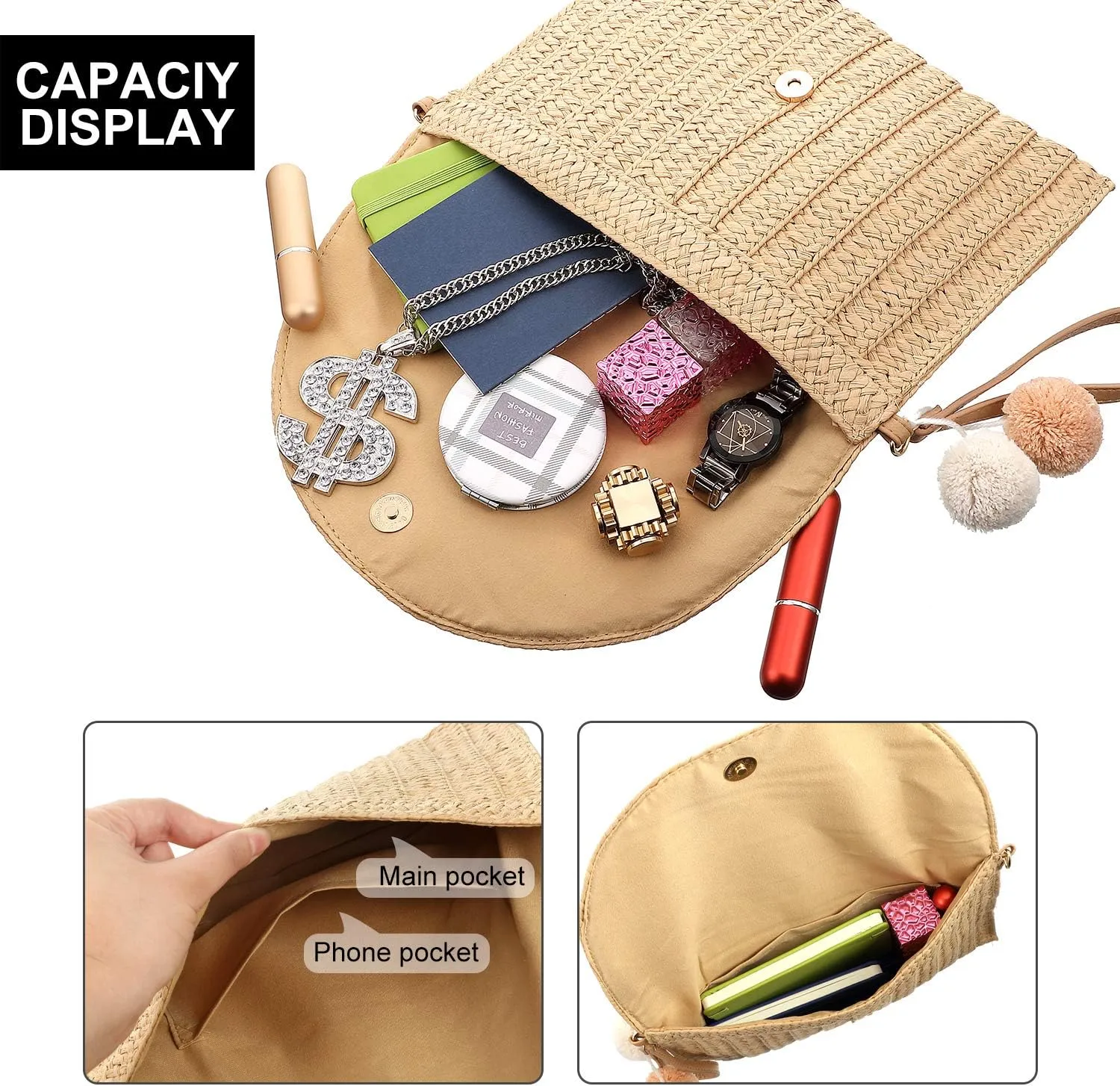 Frienda Straw Shoulder Bag Women Straw Clutch Crossbody Wallet