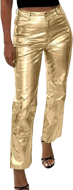 FZVYD Women's Shiny Metallic Straight Leg Faux Leather Pants High Waist Satin Cargo Pants 2024 Y2K Punk Trousers with Pockets