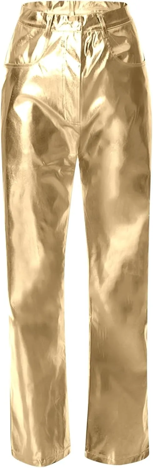 FZVYD Women's Shiny Metallic Straight Leg Faux Leather Pants High Waist Satin Cargo Pants 2024 Y2K Punk Trousers with Pockets