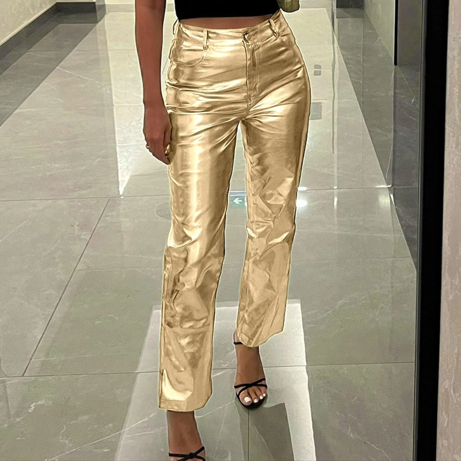 FZVYD Women's Shiny Metallic Straight Leg Faux Leather Pants High Waist Satin Cargo Pants 2024 Y2K Punk Trousers with Pockets