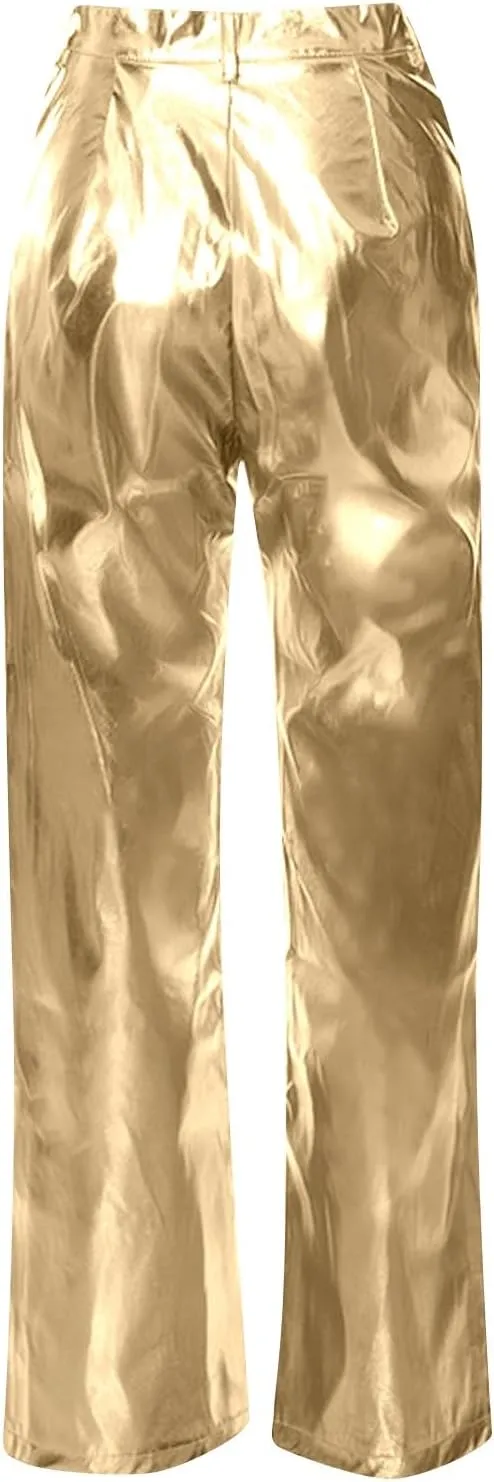 FZVYD Women's Shiny Metallic Straight Leg Faux Leather Pants High Waist Satin Cargo Pants 2024 Y2K Punk Trousers with Pockets