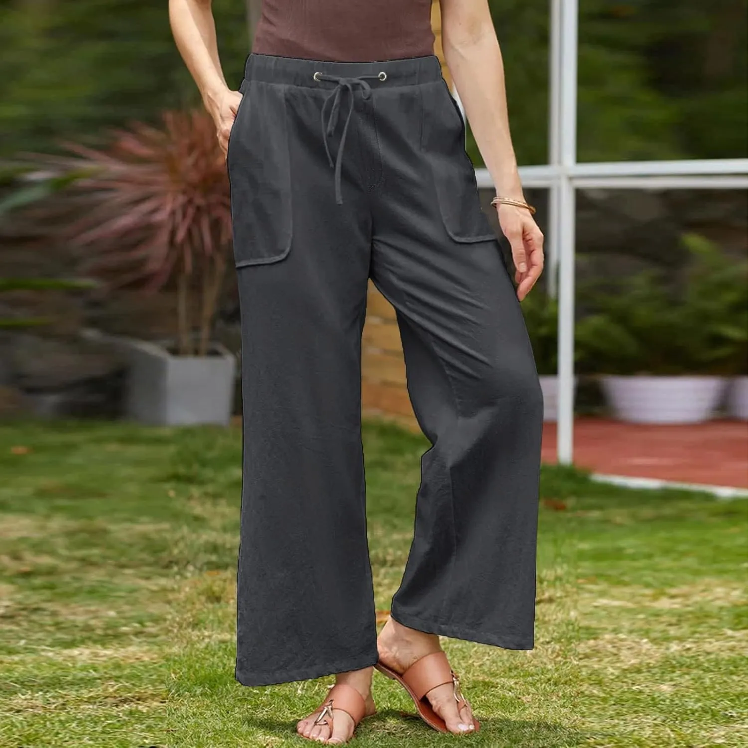 FZYLQY Wide Leg Linen Pants Women Summer Casual 2025 Drawstring High Waisted Trousers with Pockets Plus Size Comfy Pants