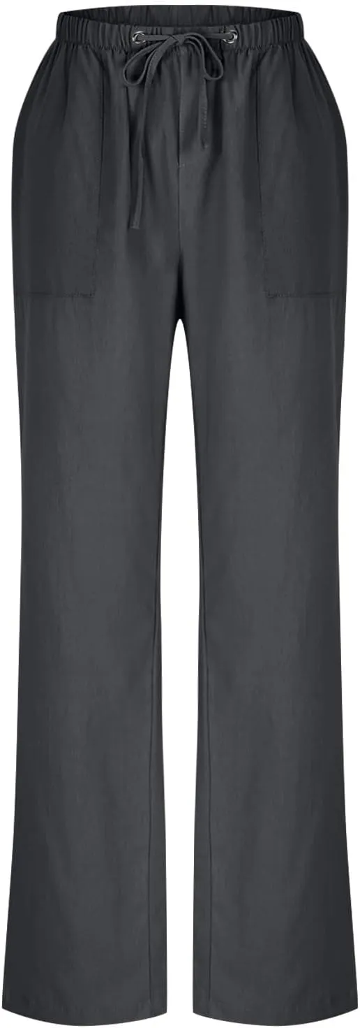FZYLQY Wide Leg Linen Pants Women Summer Casual 2025 Drawstring High Waisted Trousers with Pockets Plus Size Comfy Pants