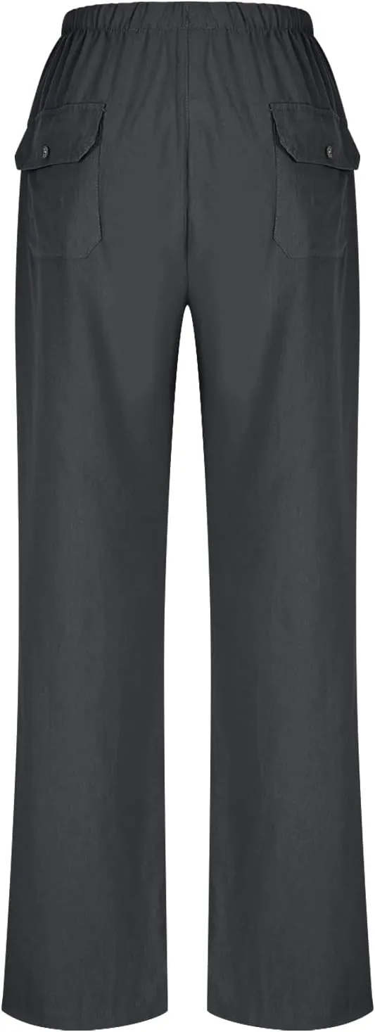 FZYLQY Wide Leg Linen Pants Women Summer Casual 2025 Drawstring High Waisted Trousers with Pockets Plus Size Comfy Pants