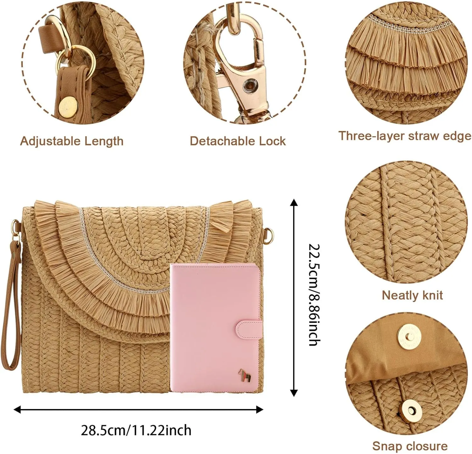 Gets Straw Clutch Purse for Women Summer Clutch Beach Envelope Handbags Wallet Crossbody Bag