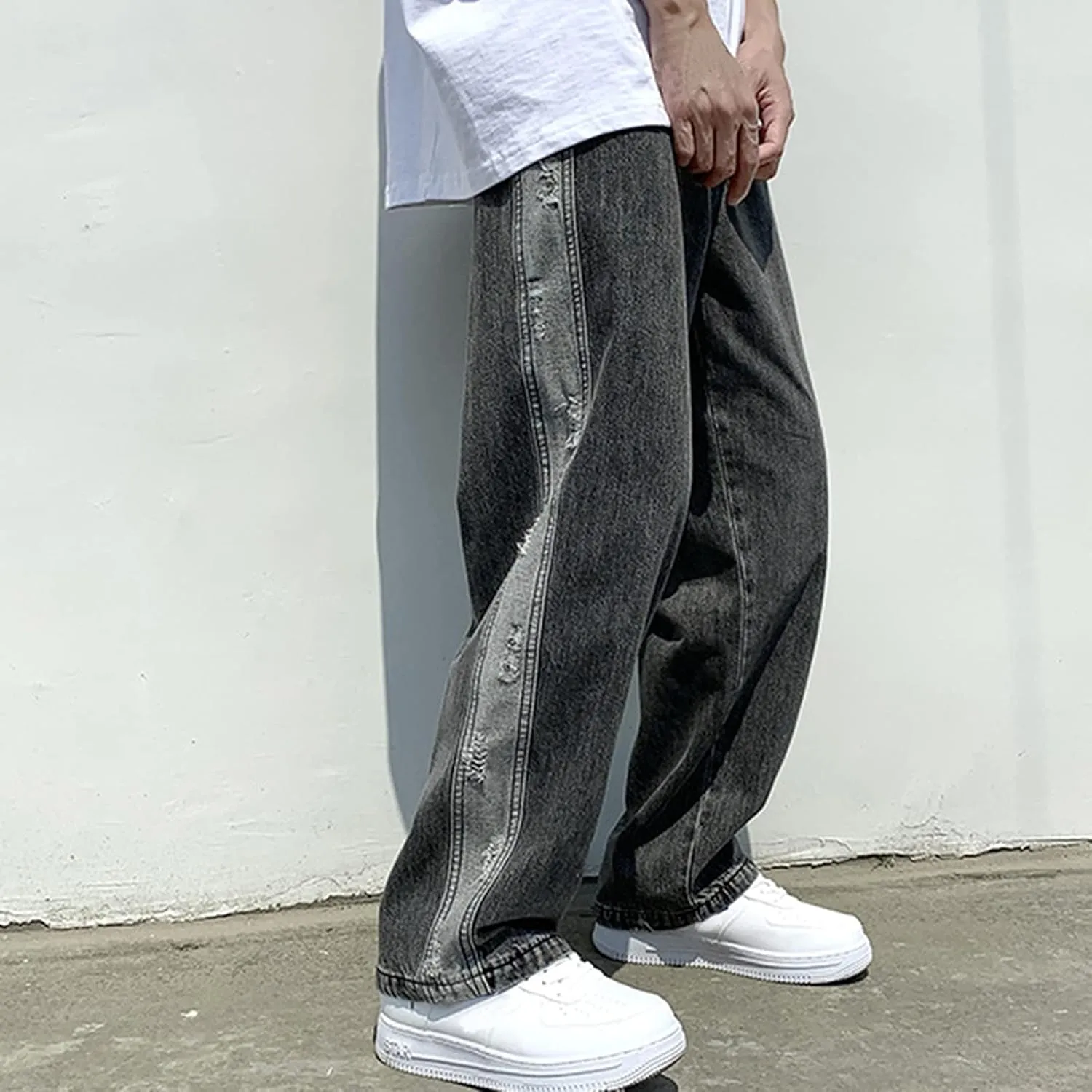 GIERIDUC Harajuku Hip Hop Denim Pants Men Winter Workout Clothes for Men Casual Jogger Pants for Men Long Legged Joggers Mens
