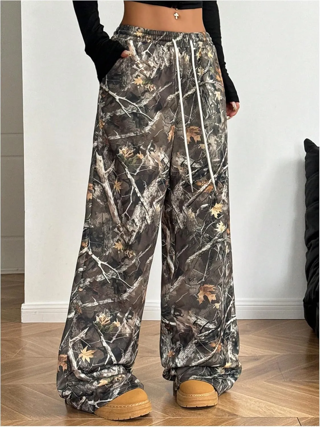 GORGLITTER Women's Camo Print Long Pants Drawstring Waist Straight Leg Trousers with Pockets