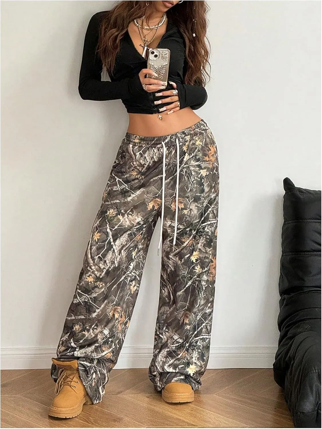 GORGLITTER Women's Camo Print Long Pants Drawstring Waist Straight Leg Trousers with Pockets
