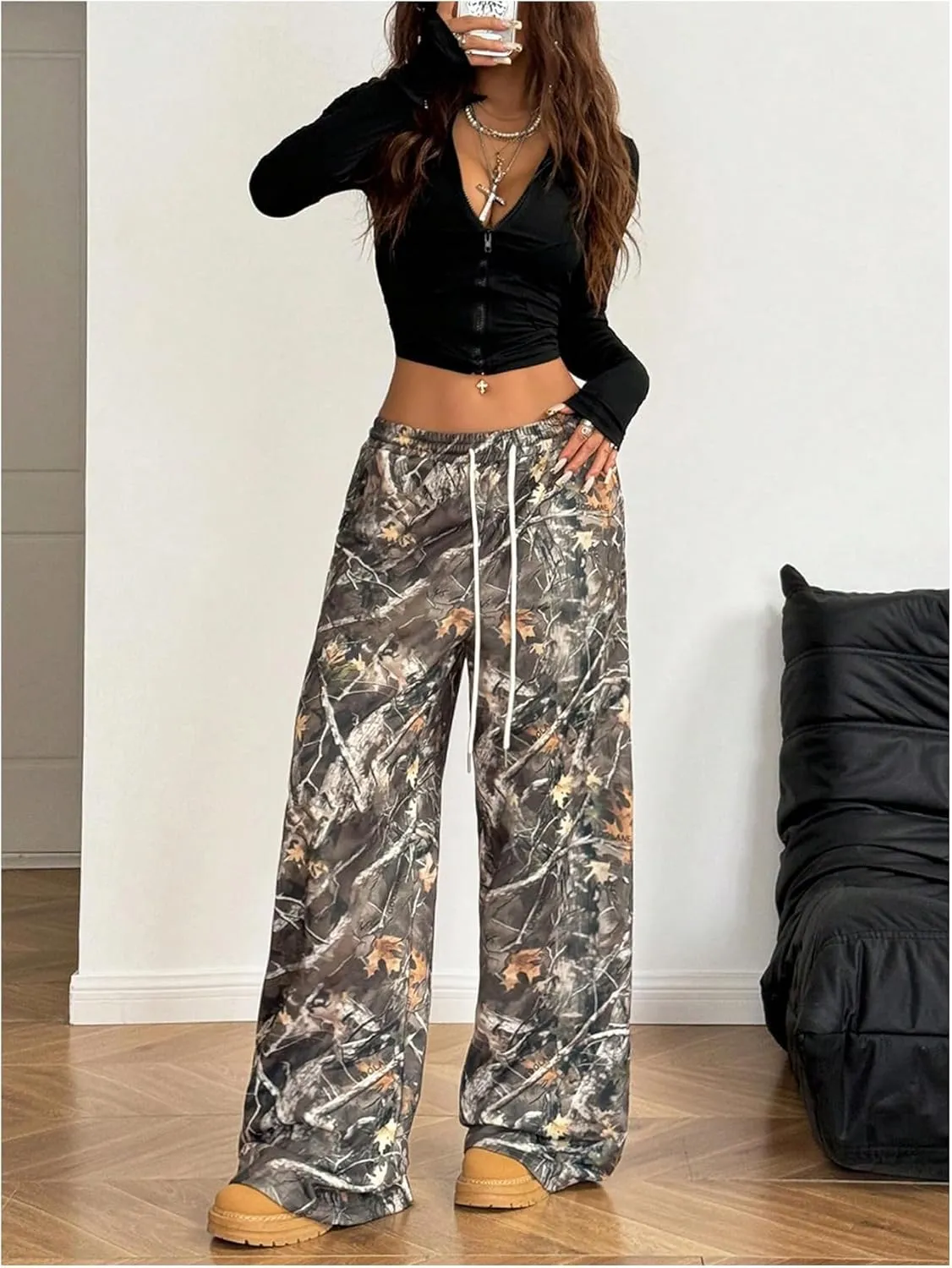 GORGLITTER Women's Camo Print Long Pants Drawstring Waist Straight Leg Trousers with Pockets