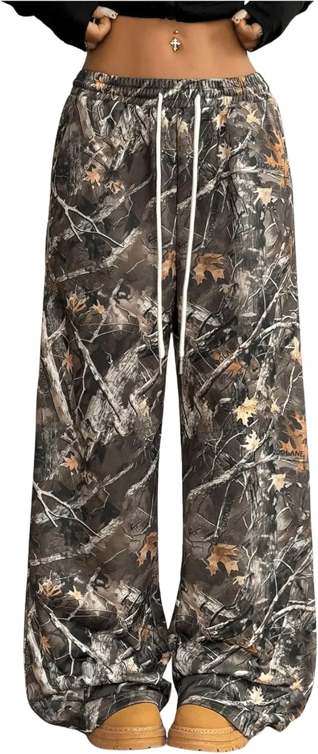 GORGLITTER Women's Camo Print Long Pants Drawstring Waist Straight Leg Trousers with Pockets