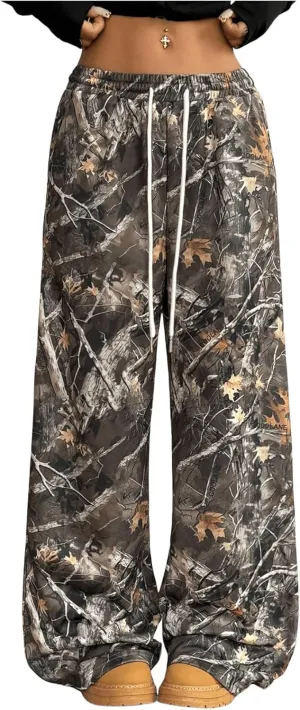 GORGLITTER Women's Camo Print Long Pants Drawstring Waist Straight Leg Trousers with Pockets