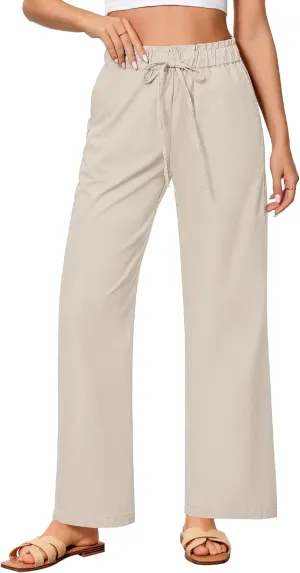 GRAPENT Linen Pants Women Wide Leg High Waisted Flowy Summer Beach Elastic Waist Pull On Baggy Palazzo Pants with Pocket