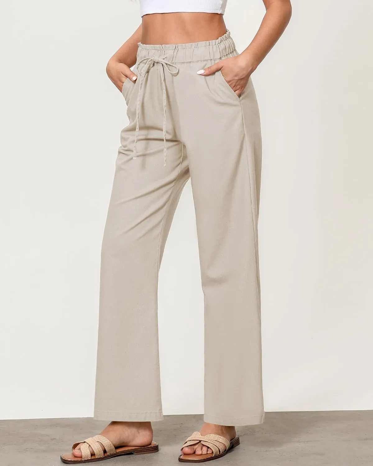 GRAPENT Linen Pants Women Wide Leg High Waisted Flowy Summer Beach Elastic Waist Pull On Baggy Palazzo Pants with Pocket