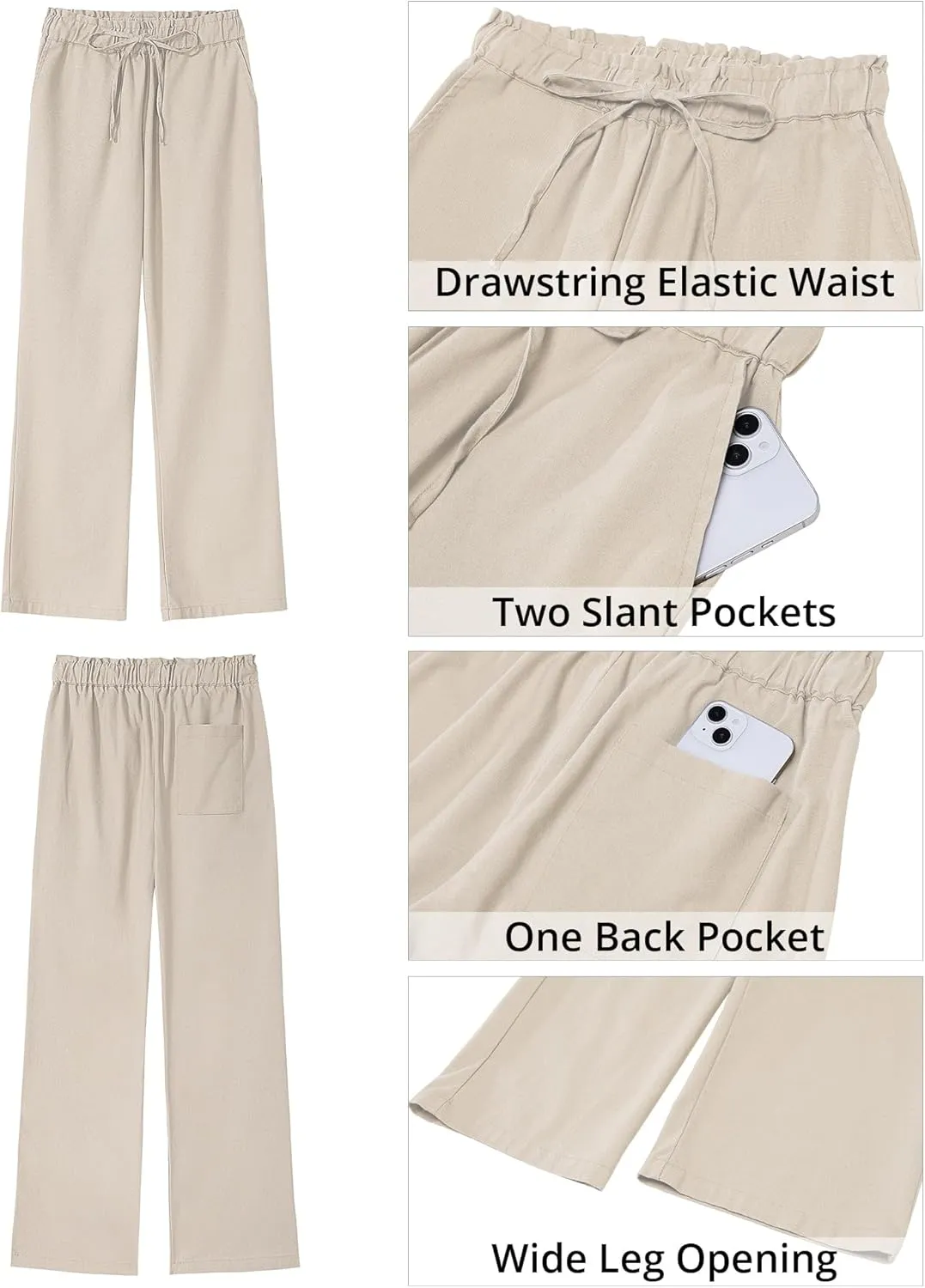 GRAPENT Linen Pants Women Wide Leg High Waisted Flowy Summer Beach Elastic Waist Pull On Baggy Palazzo Pants with Pocket