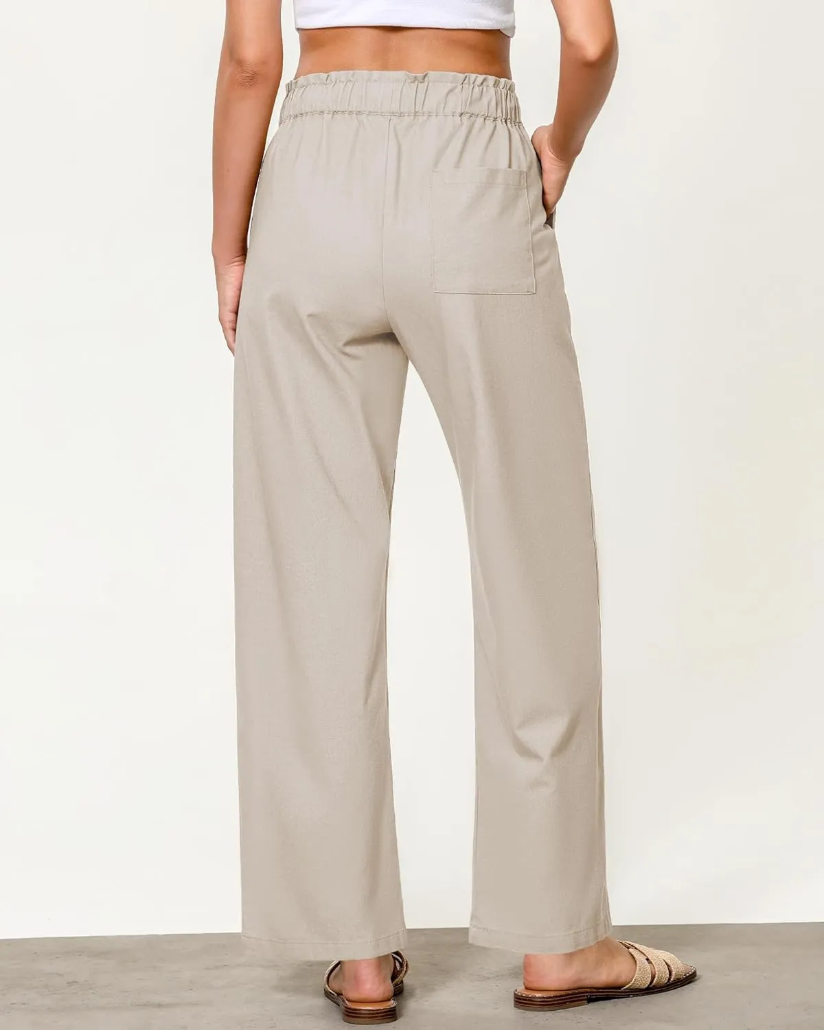GRAPENT Linen Pants Women Wide Leg High Waisted Flowy Summer Beach Elastic Waist Pull On Baggy Palazzo Pants with Pocket