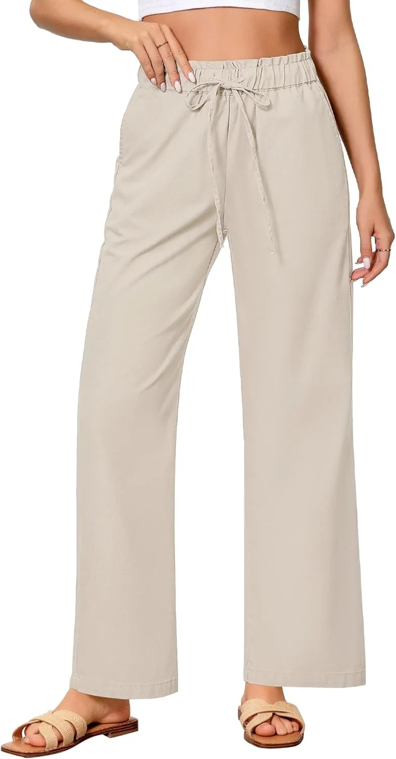 GRAPENT Linen Pants Women Wide Leg High Waisted Flowy Summer Beach Elastic Waist Pull On Baggy Palazzo Pants with Pocket