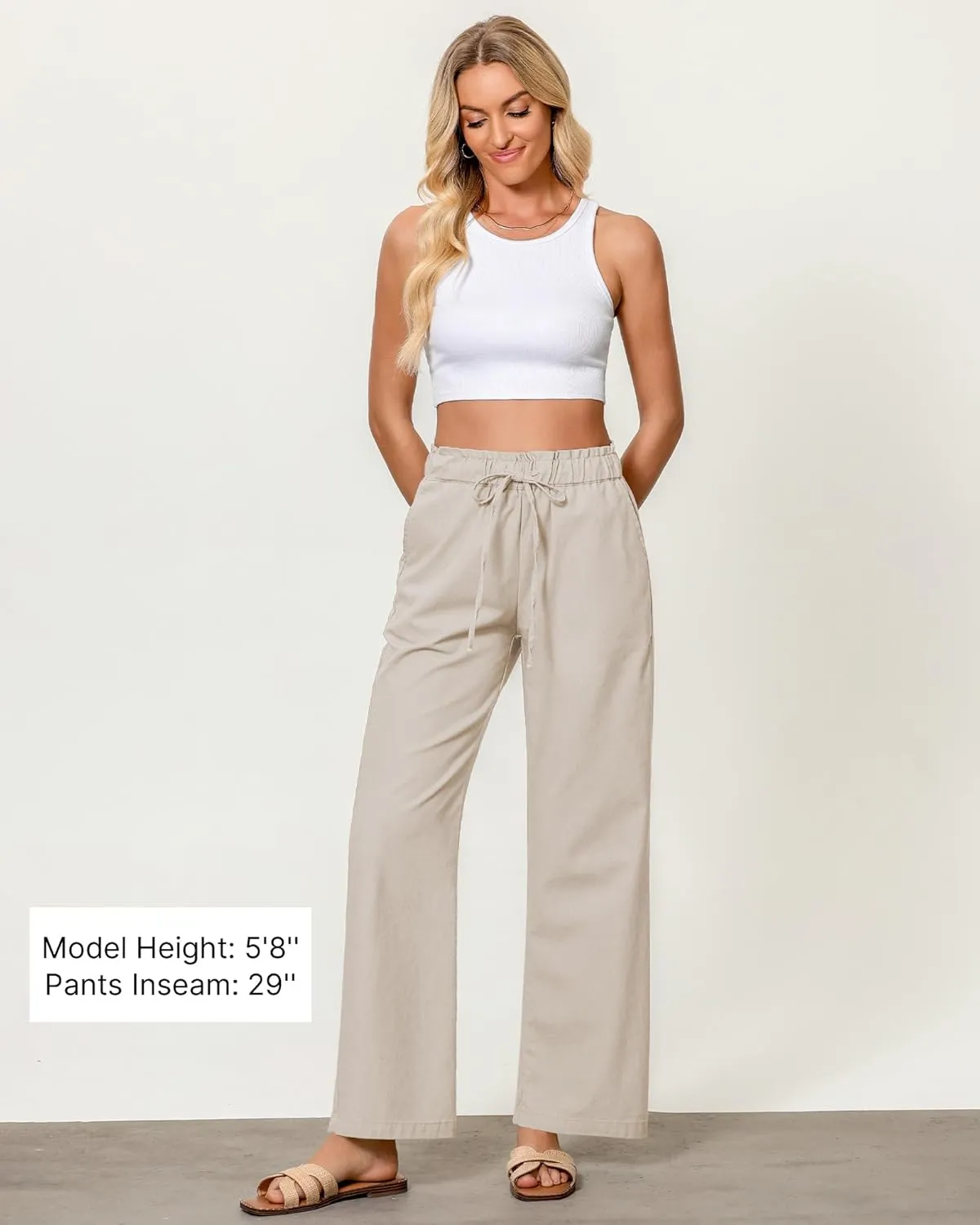 GRAPENT Linen Pants Women Wide Leg High Waisted Flowy Summer Beach Elastic Waist Pull On Baggy Palazzo Pants with Pocket