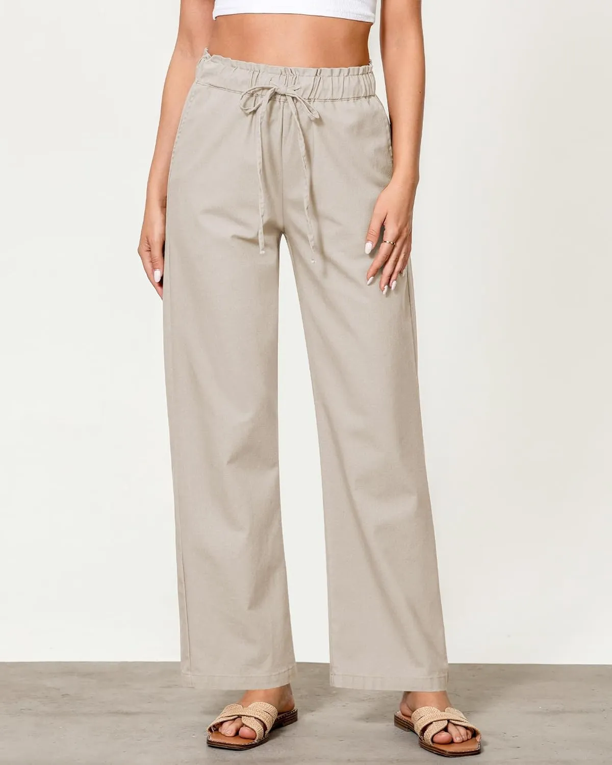 GRAPENT Linen Pants Women Wide Leg High Waisted Flowy Summer Beach Elastic Waist Pull On Baggy Palazzo Pants with Pocket