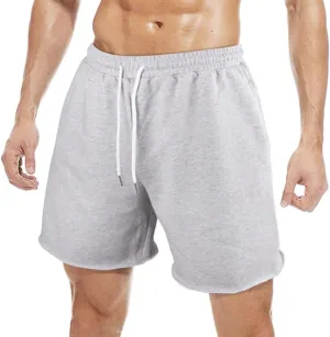 GYMAPE Men's Gym Sport Bodybuilding Workout Casual Shorts with Pockets 3 inch Inseam Raw Hem Terry Cotton