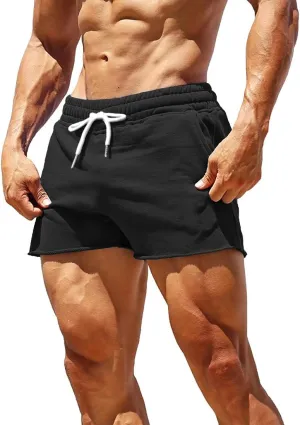 GYMAPE Men's Gym Sport Bodybuilding Workout Casual Shorts with Pockets 3 inch Inseam Raw Hem Terry Cotton