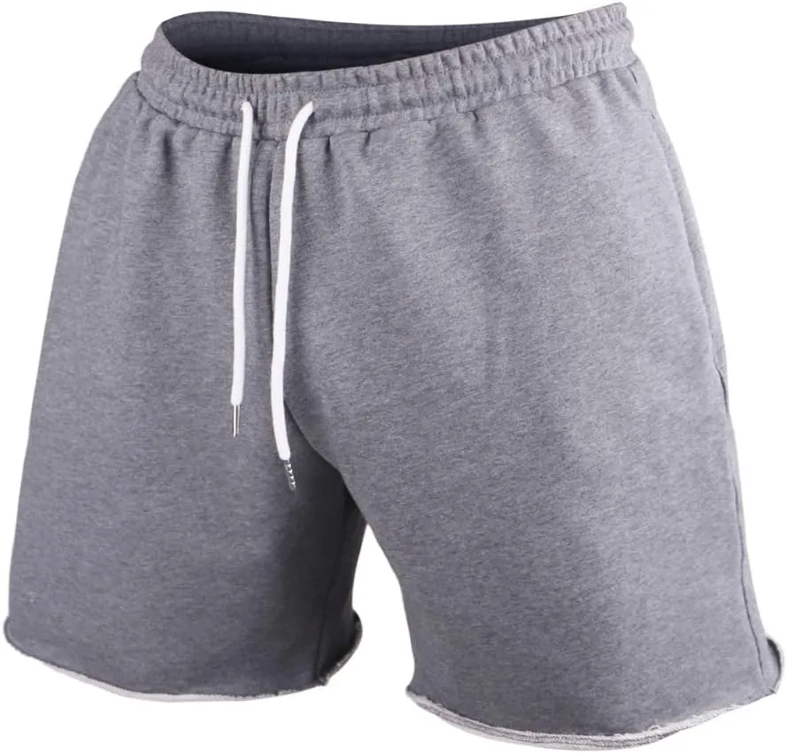 GYMAPE Men's Gym Sport Bodybuilding Workout Casual Shorts with Pockets 3 inch Inseam Raw Hem Terry Cotton