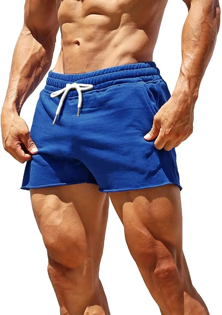 GYMAPE Men's Gym Sport Bodybuilding Workout Casual Shorts with Pockets 3 inch Inseam Raw Hem Terry Cotton