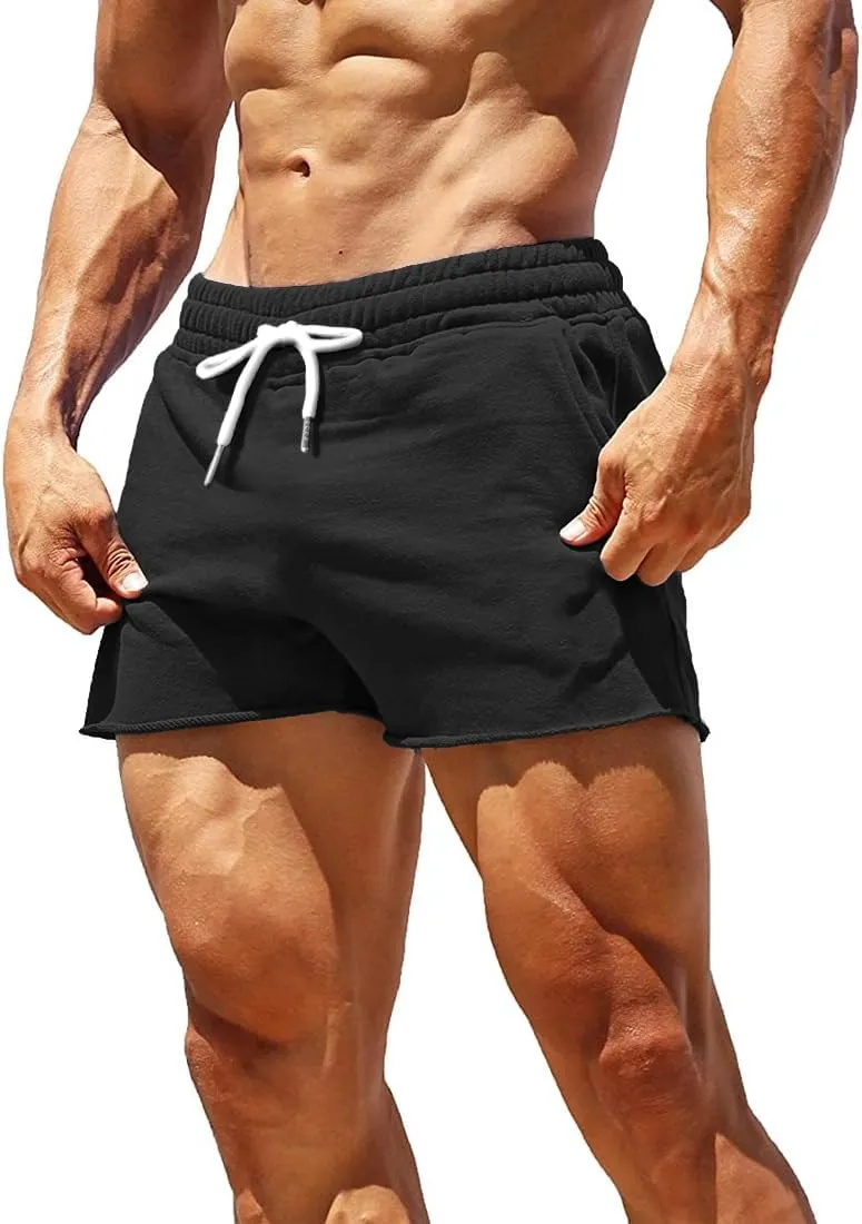 GYMAPE Men's Gym Sport Bodybuilding Workout Casual Shorts with Pockets 3 inch Inseam Raw Hem Terry Cotton